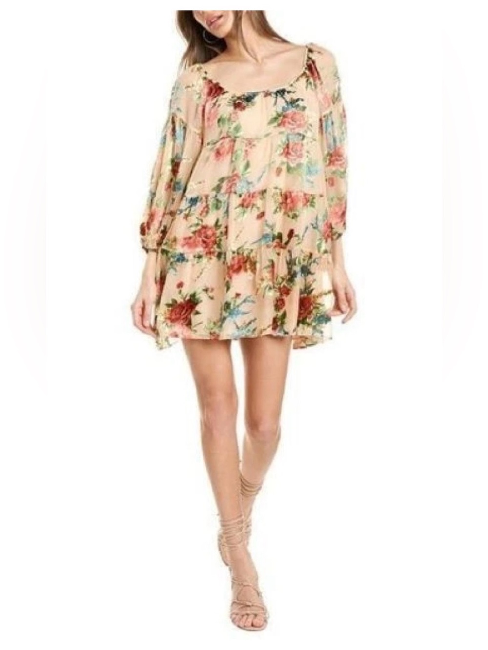 Alice + Olivia Cream Floral Midi Dress with Red and Green Accents